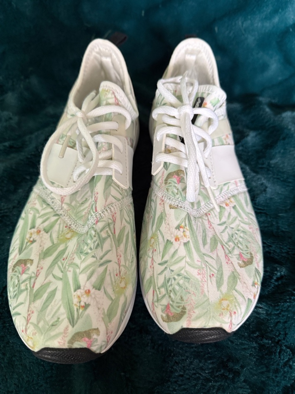 New Balance White and Light Green Floral Print Sneakers